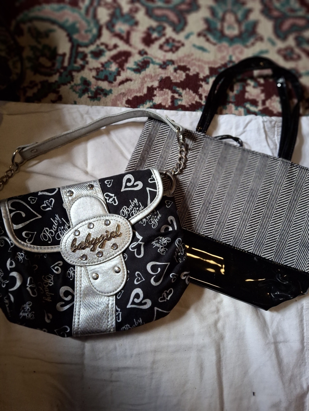 Baby Phat Y2K Purse & Herringbone Handbag 2 Bag Lot Black Silver